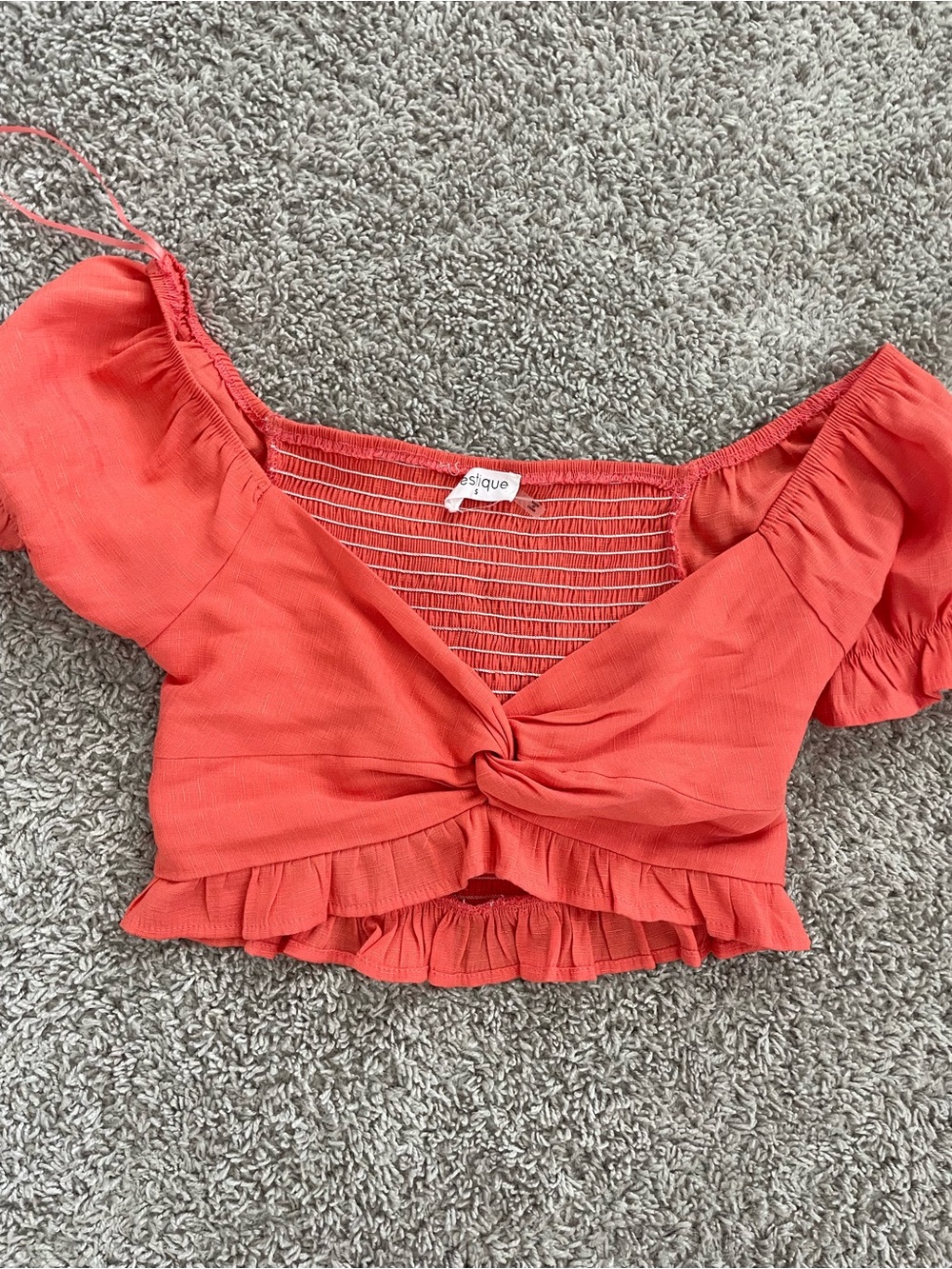 vestique Coral Twist-Front Ruffle Crop Top